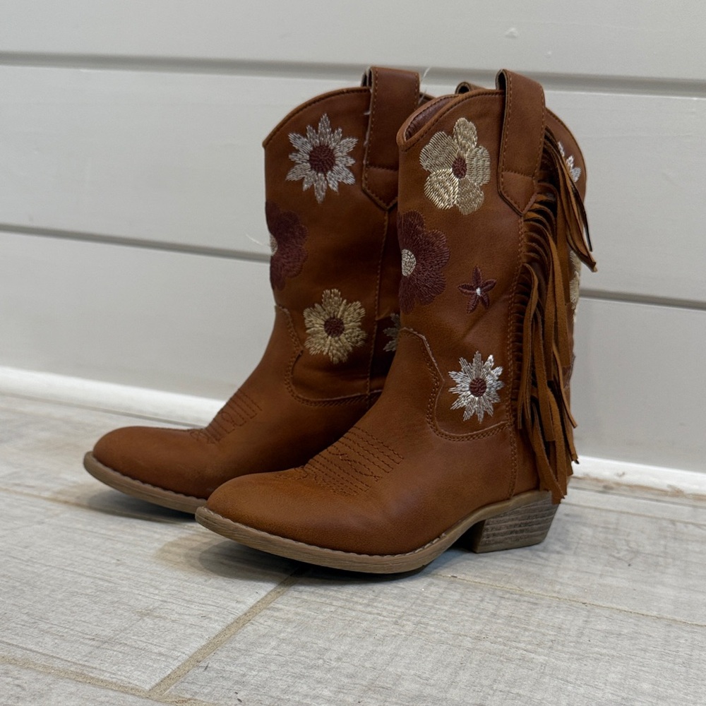 Kids Brown Cowboy Boots with Floral Embroidery